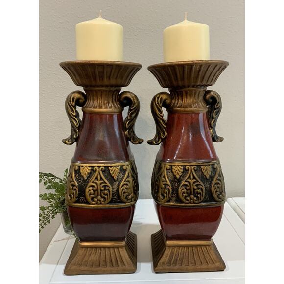 Vtg Ceramic Ornate Burgundy Red Black Gold Acanthus Leaf Pillar Candle Holders - Picture 4 of 8